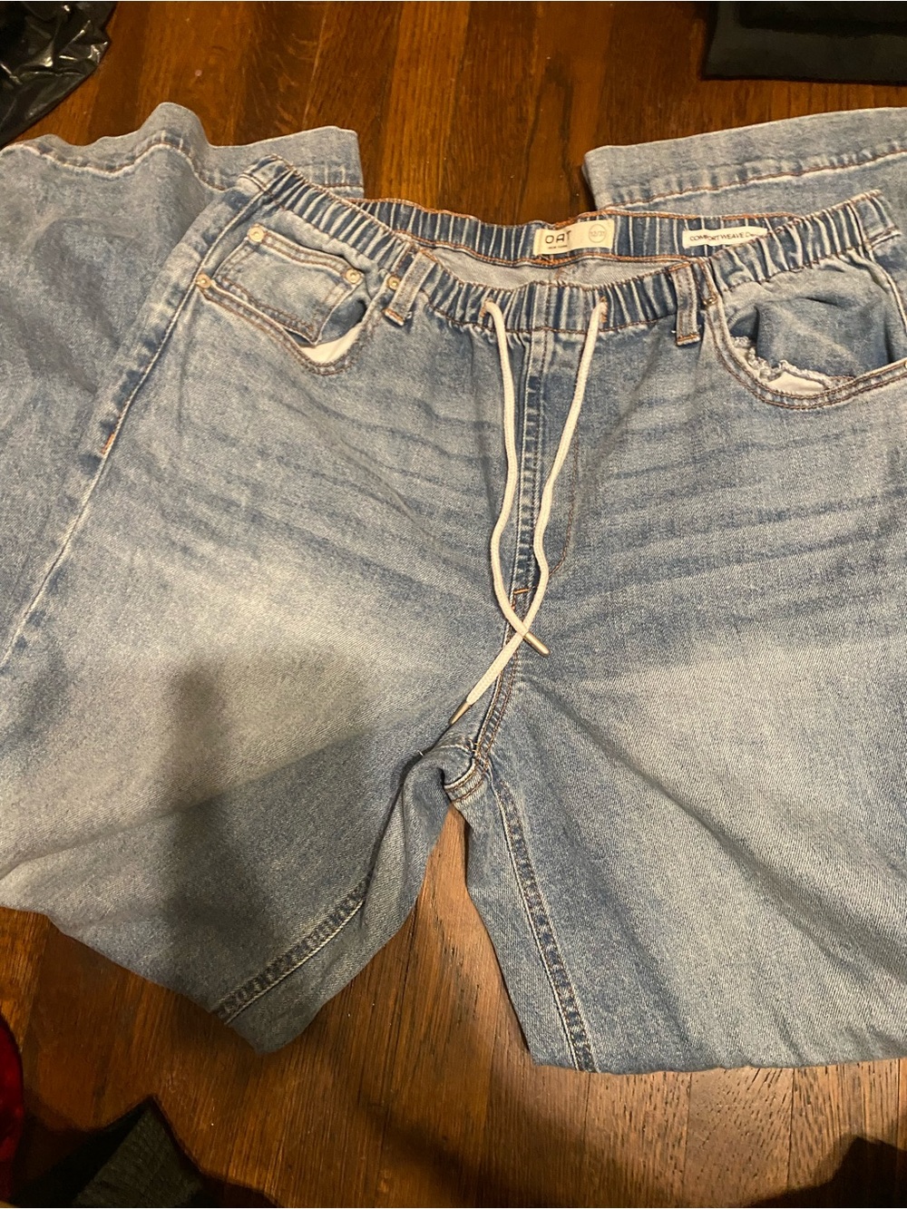 Oat New York Light Wash Denim Flare Jeans with Drawstring Waist